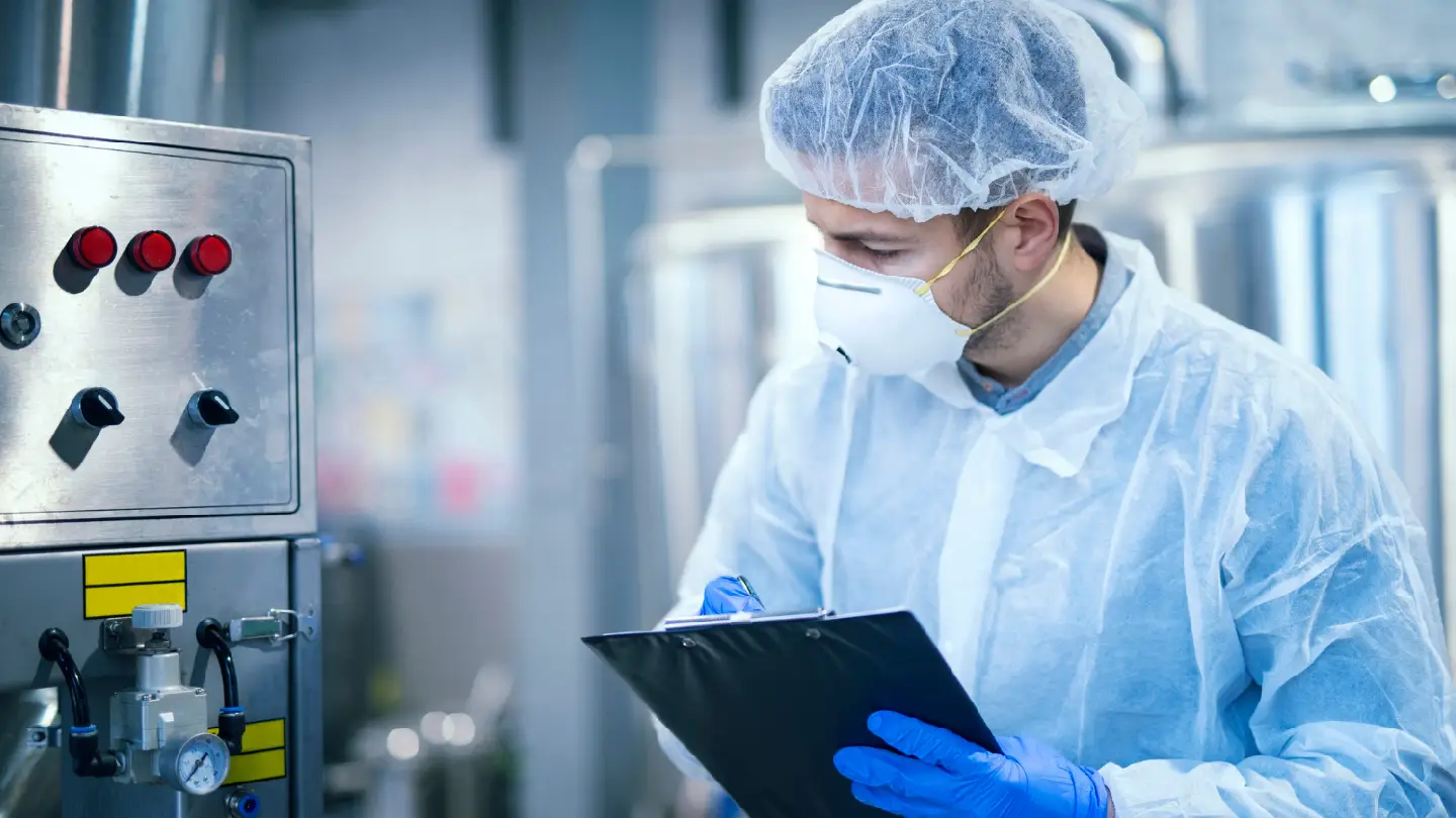 Auditeur relevant des points de contrôle sur une ligne de production