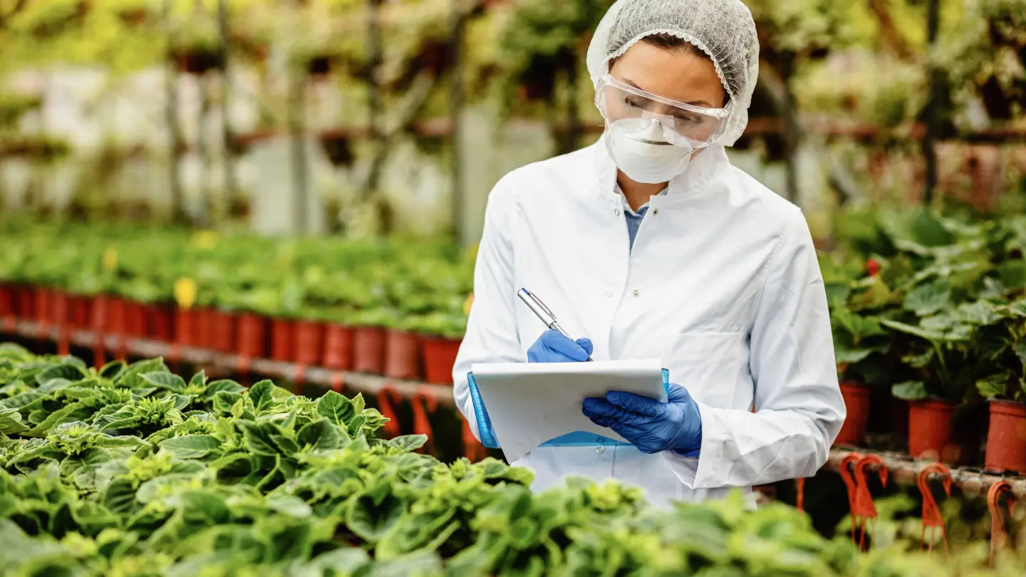 Technicienne en blouse contrôlant une production maraîchère